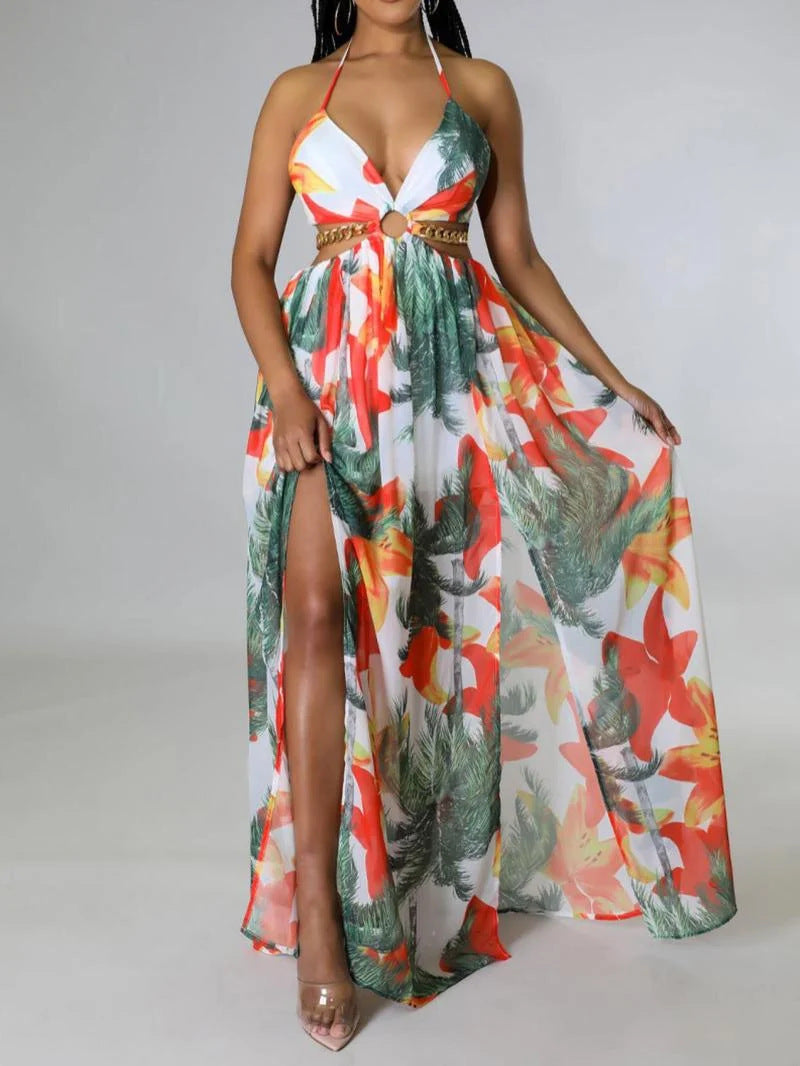 Tropical Floral Printed Dress Sling Style