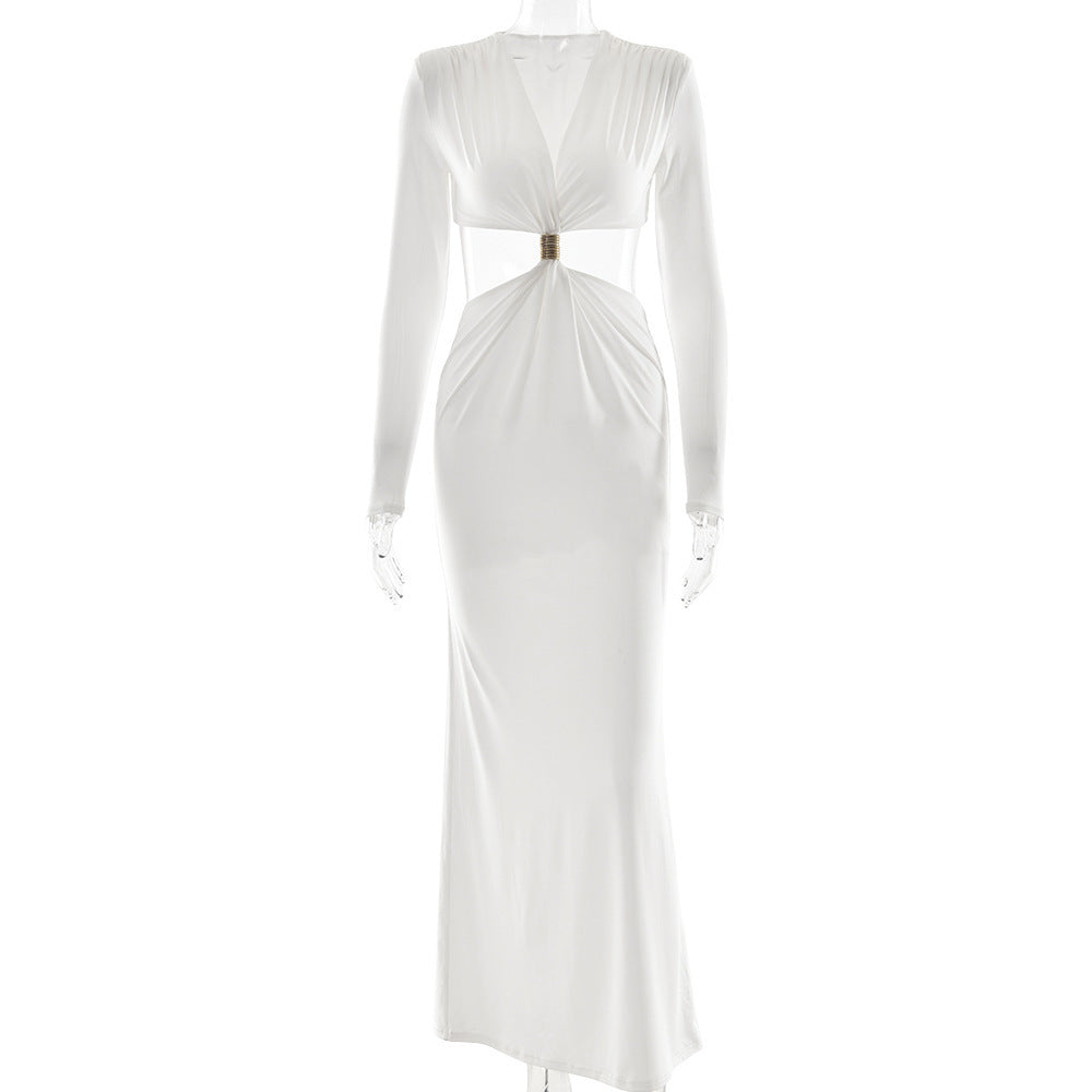 Elegant Deep V Long Sleeve Dress Sexy Cutout
