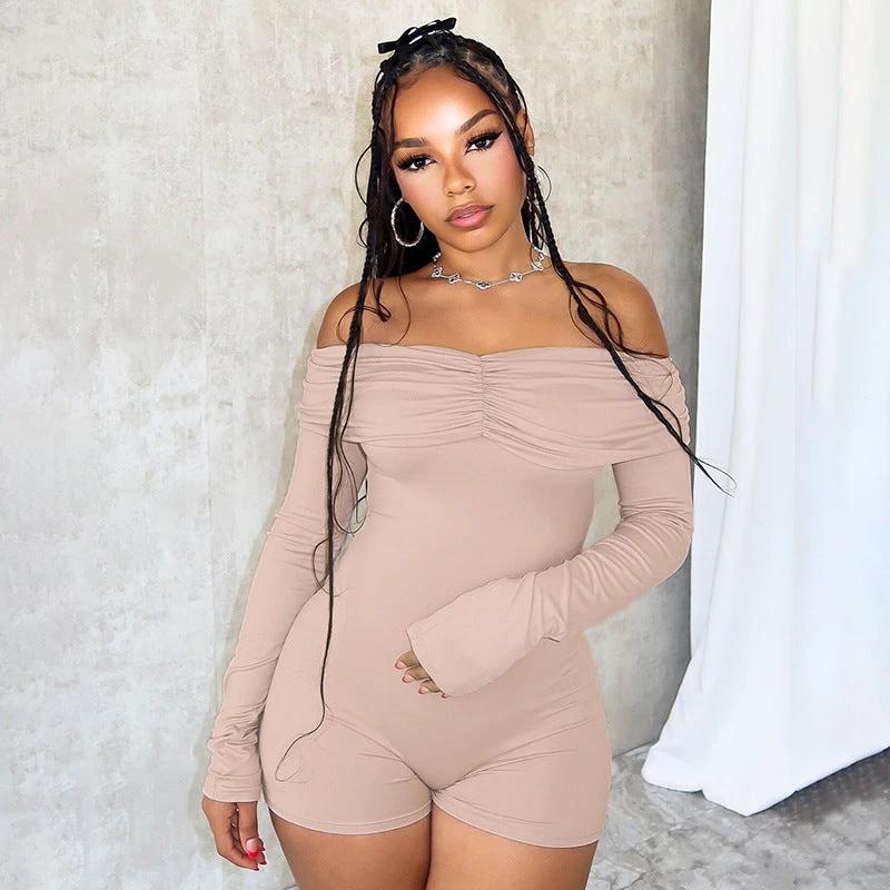 Women's Off-shoulder Pleating Long Sleeve High Waist One-piece Shorts by GJG Denim