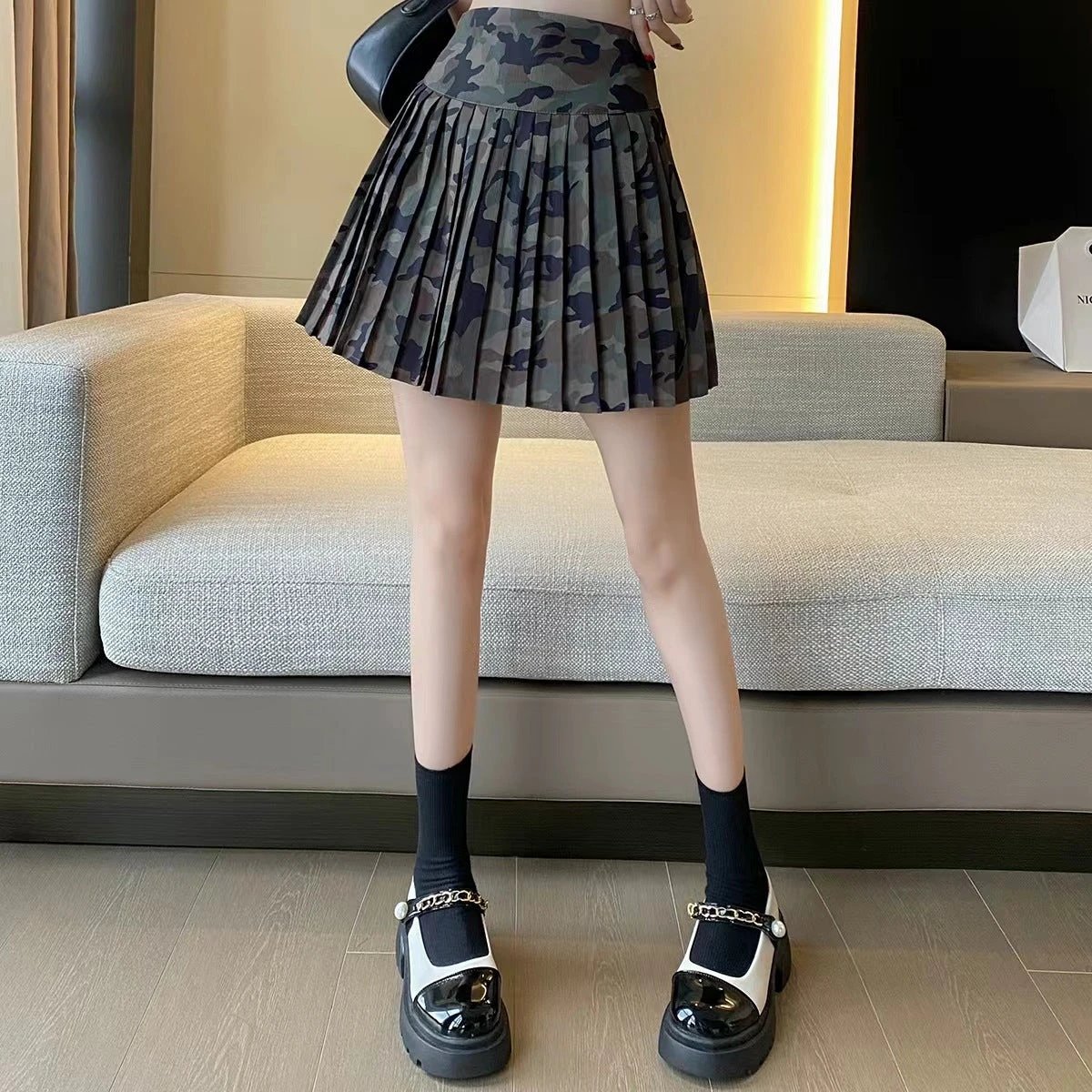 Camouflage All-Match Mid-Rise Pleated A-Line Skirt by GJG Denim