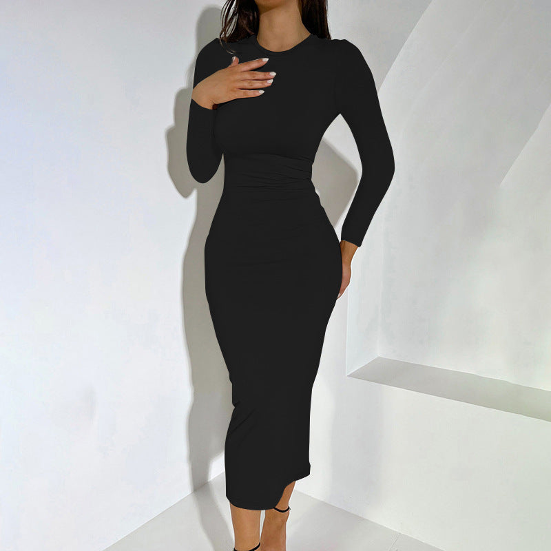 New Women's Sexy Round Neck Casual Long Skirt Elegant Long Sleeved Tight Fitting Women's Clothing