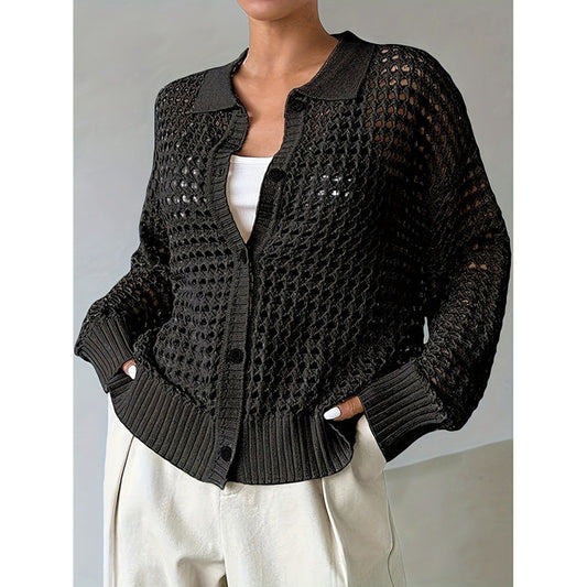 Women's Plus Size Cardigan Lightweight Hollow Out V-Neck Button Down Long Sleeve Knit Coat, 0XL-4XL