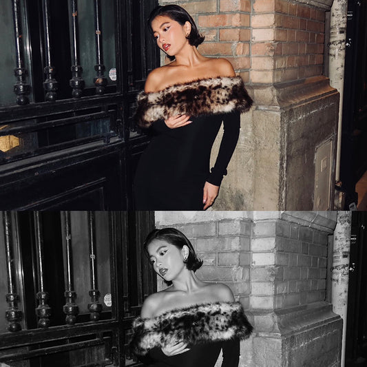 Atmospheric Leopard Print Fur Stitching Off-shoulder Dress