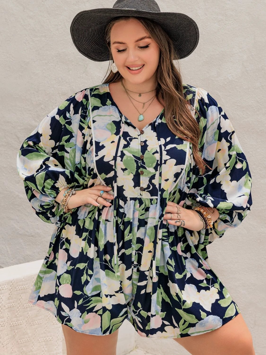 Plus Size Tied Printed Long Sleeve Romper by Lady Ros