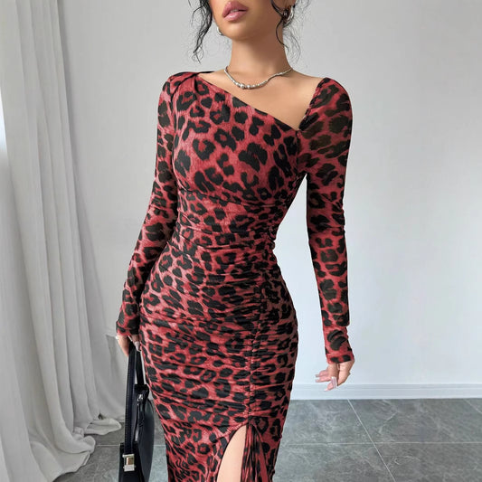 New Women's irregular V-Neck Long Sleeve Sexy Leopard Print Dress
