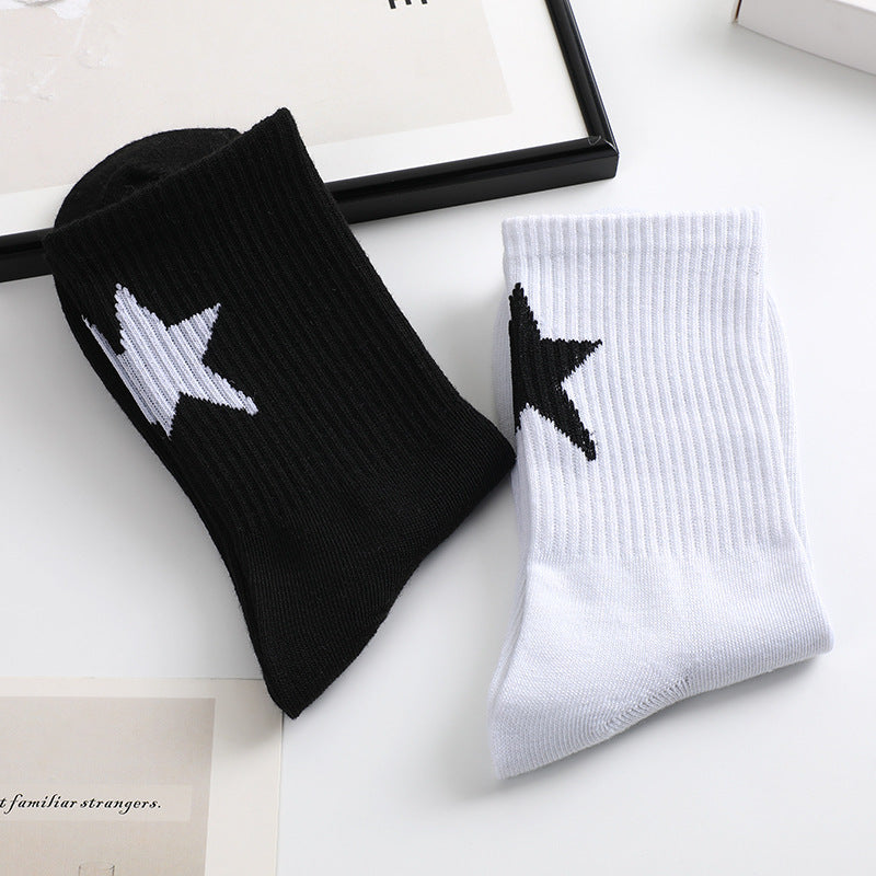 Black And White Five-pointed Star Tube Socks Breathable Sports Socks For Men