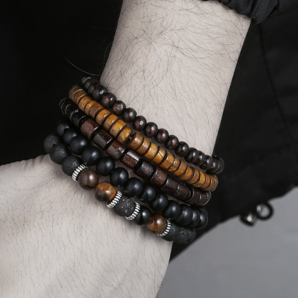 Retro Men's Coconut Wood Multi-Layer Stackable Bracelet Set