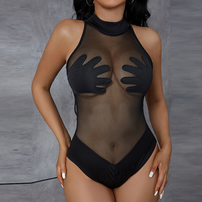 Women's Sheer Mesh Contrast hand  Bodysuit