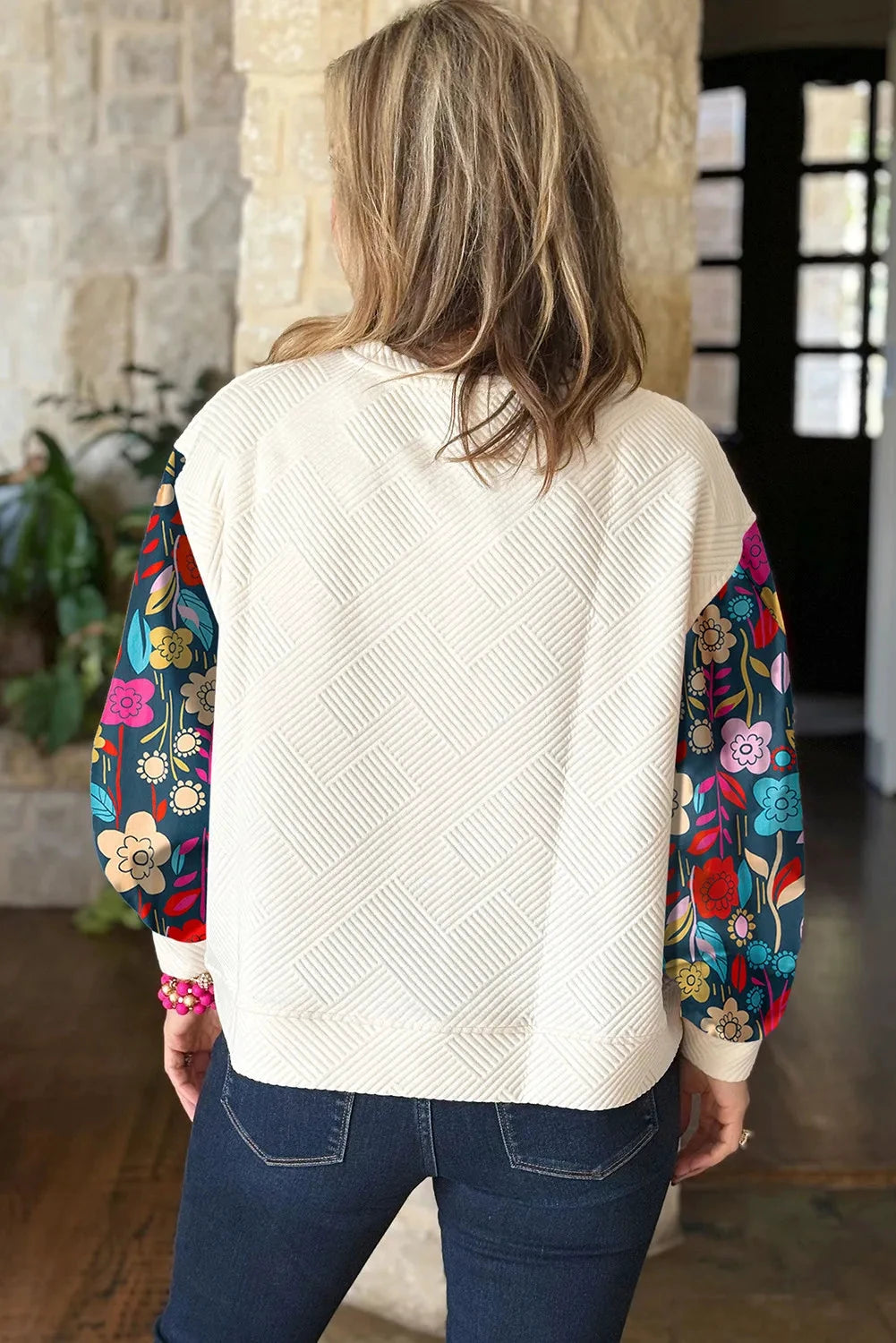 Plus Size Texture Printed Round Neck Long Sleeve Blouse by Lady Ros