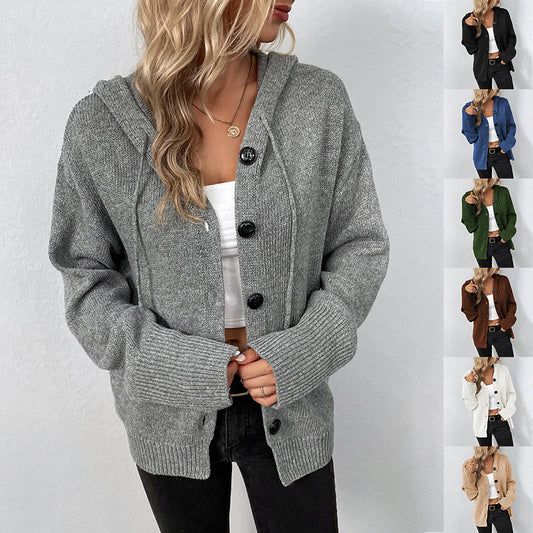 Single-breasted Hooded Sweater Women's Solid Color Cardigan Coat Clothing