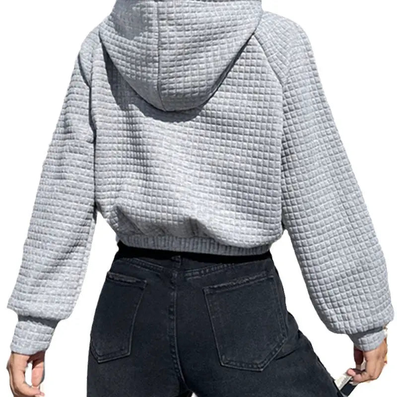 Women's Hooded Long-sleeved Patchwork Waffle Sweater by GJG Denim