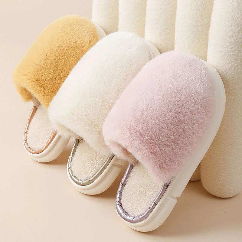 Fuzzy House Slippers Winter Warm Plush Faux Rabbit Fur Bedroom Shoes by GJG Denim