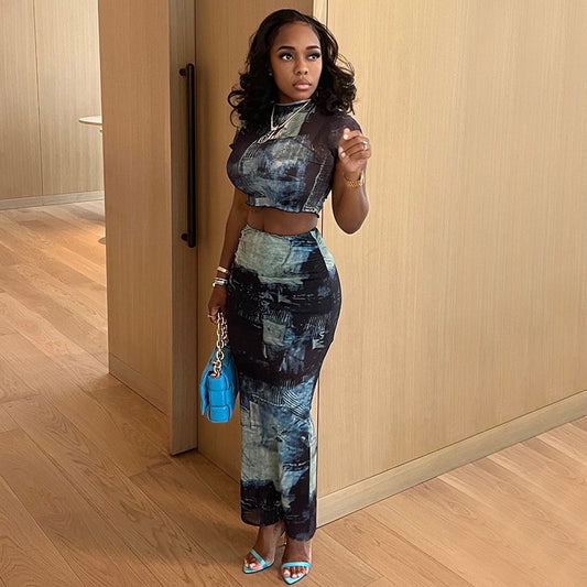 Round Neck Crop Top High Waist Hip Skirt Set