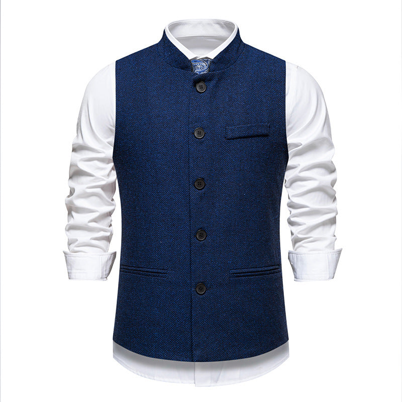 Men's Retro Stand Collar Herringbone Solid Color Suit Vest