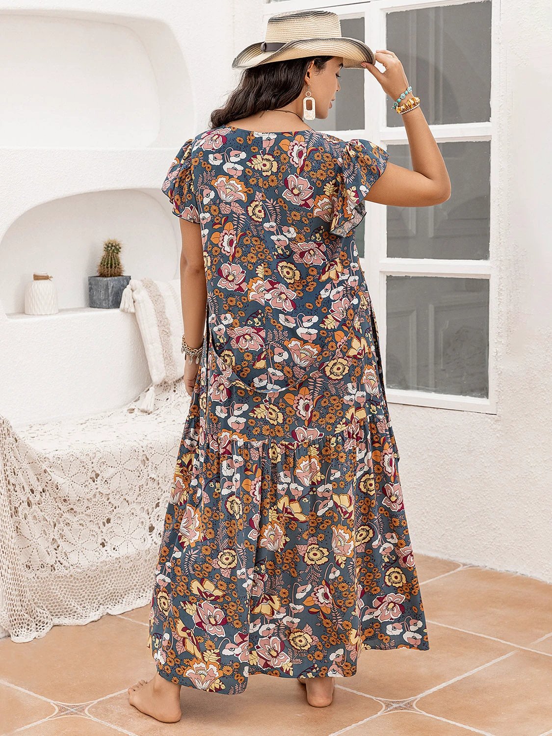 Plus Size Ruffled Printed Cap Sleeve Dress by Lady Ros