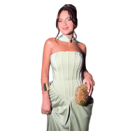 Tube Top Cinched Waist Pleated Dress