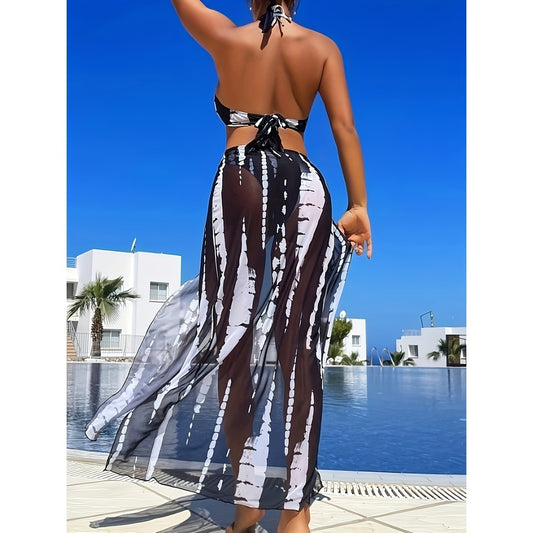 European And American Women's Swimsuit Sunscreen Bikini Three Piece Set Striped Printed Mesh Beach Vacation Sunscreen Swimsuit Women