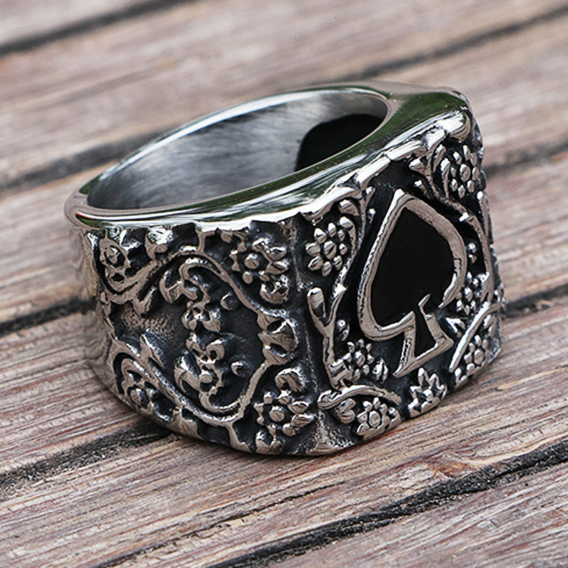 Titanium Steel  Spades Epoxy Carved Men's Ring