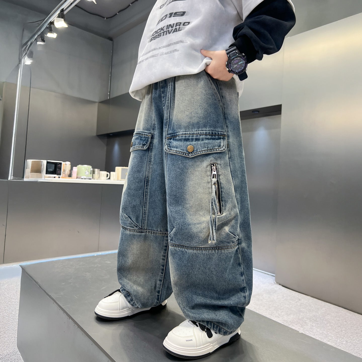 Simple And Versatile Boys' Pants Loose Cargo Jeans
