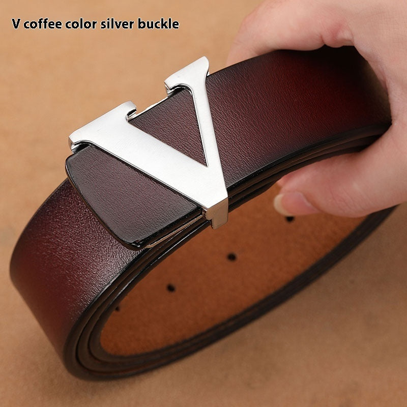 Men's  Retro Smooth Genuine Leather Pure Cowhide Letter V Belts