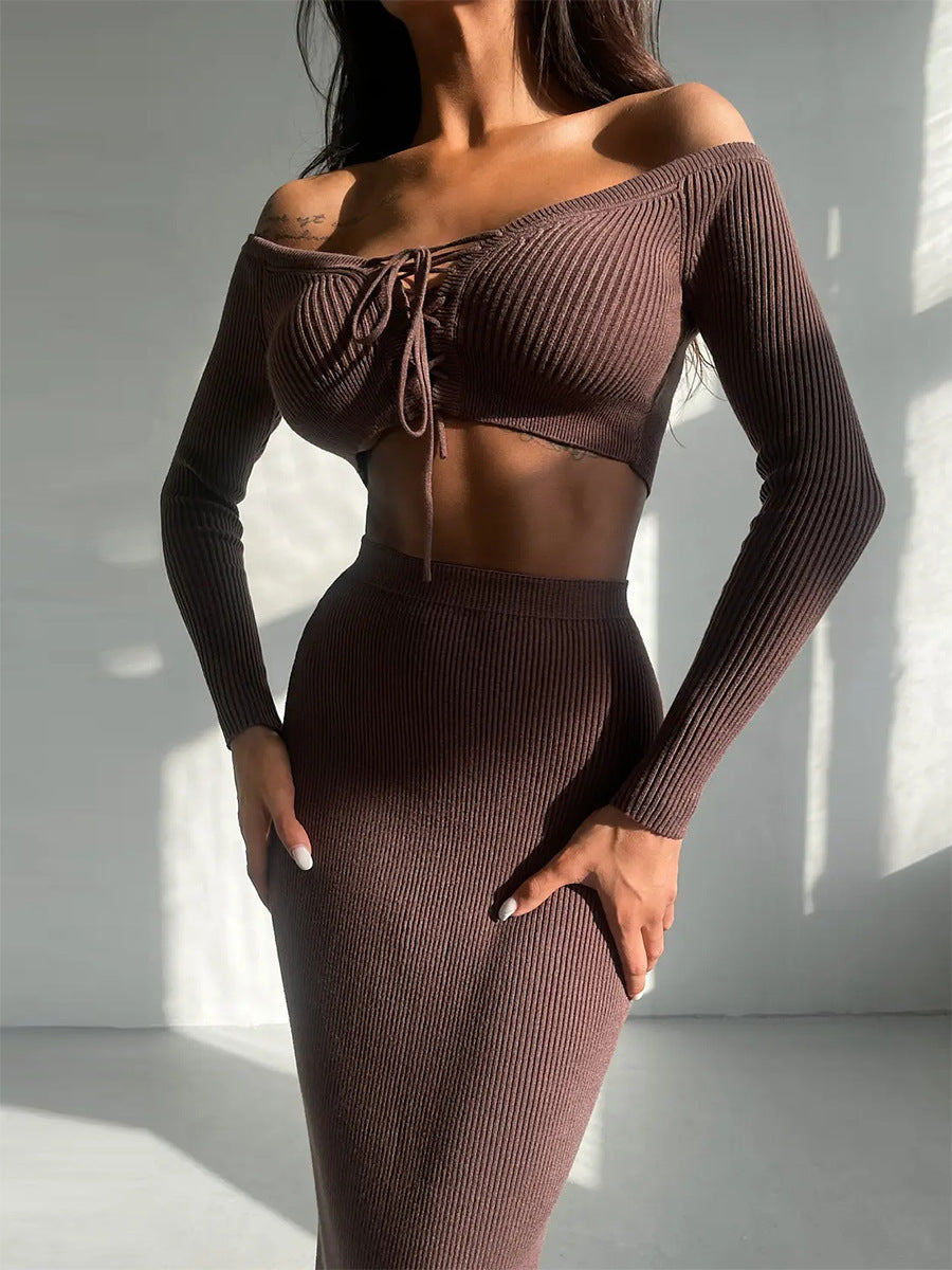 Autumn Winter Sexy Long Sleeve Sweater Dress Two-piece Set Skinny Knit