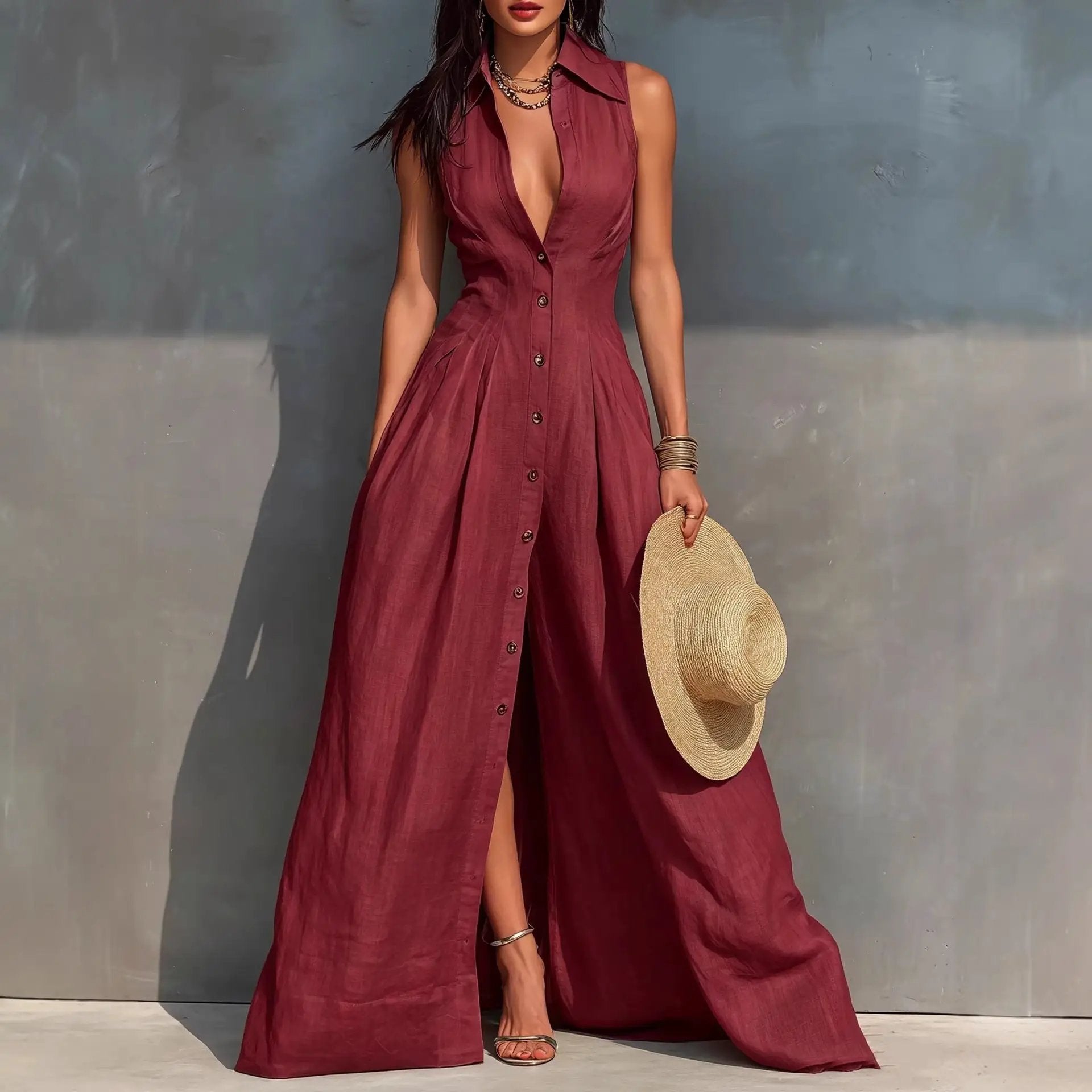 High-waisted Lapel Shirt-style Maxi Dress by GJG Denim