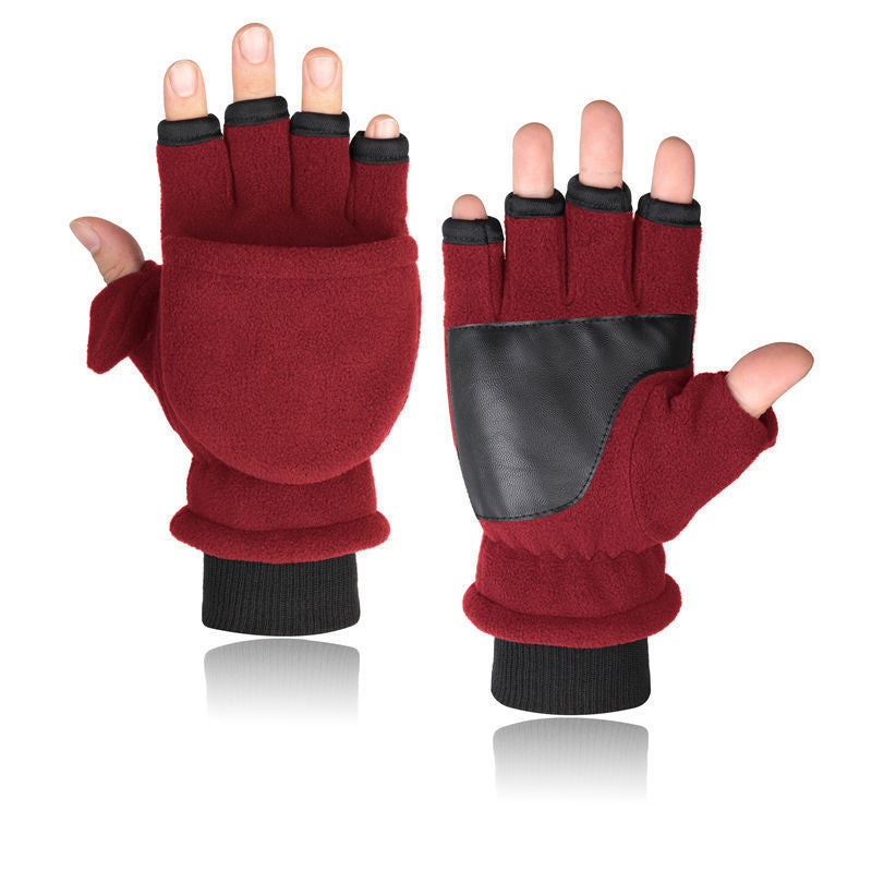 Men's Double-layer Velvet Flip Touch Screen Half Finger Gloves