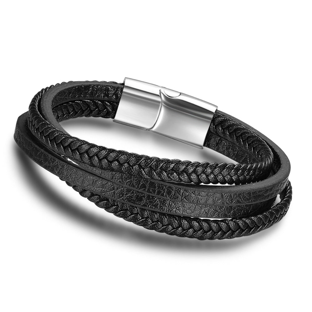 Stainless Steel Faux Leather Braided Rope Magnetic Clasp Bracelet For Men