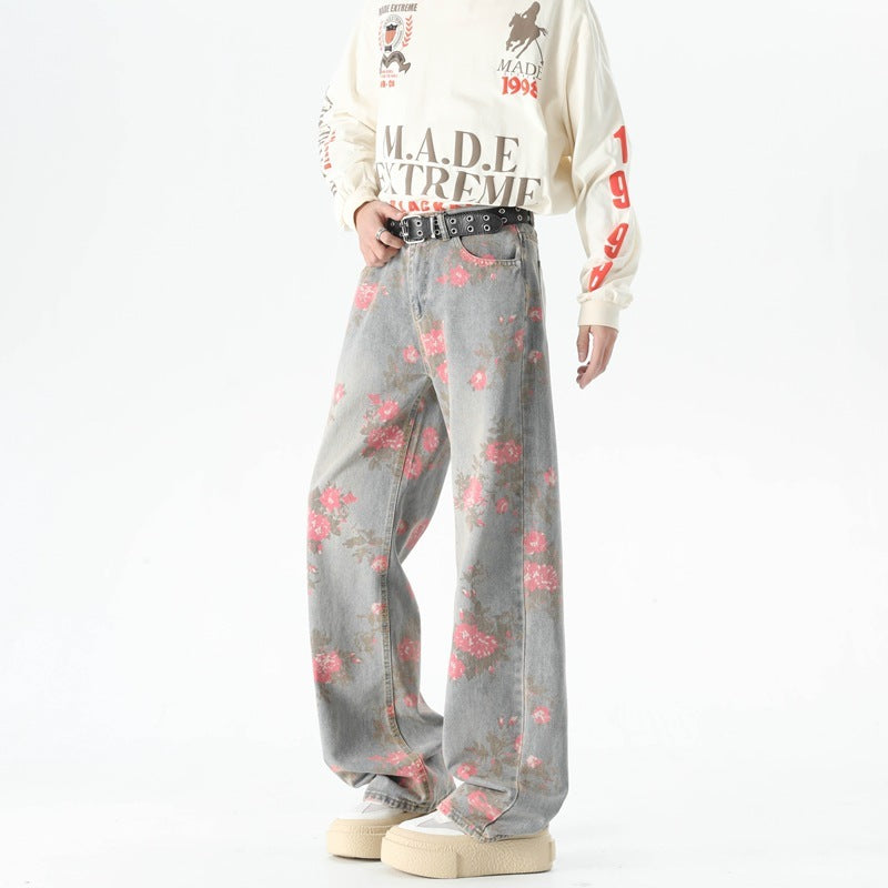 Men's Peony Jacquard Washed Loose Jeans
