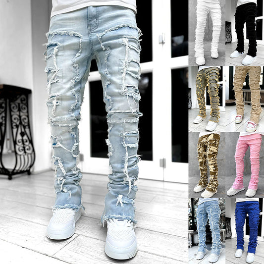 Men's Individual Patched Pants Long Tight Fit Stacked Jeans