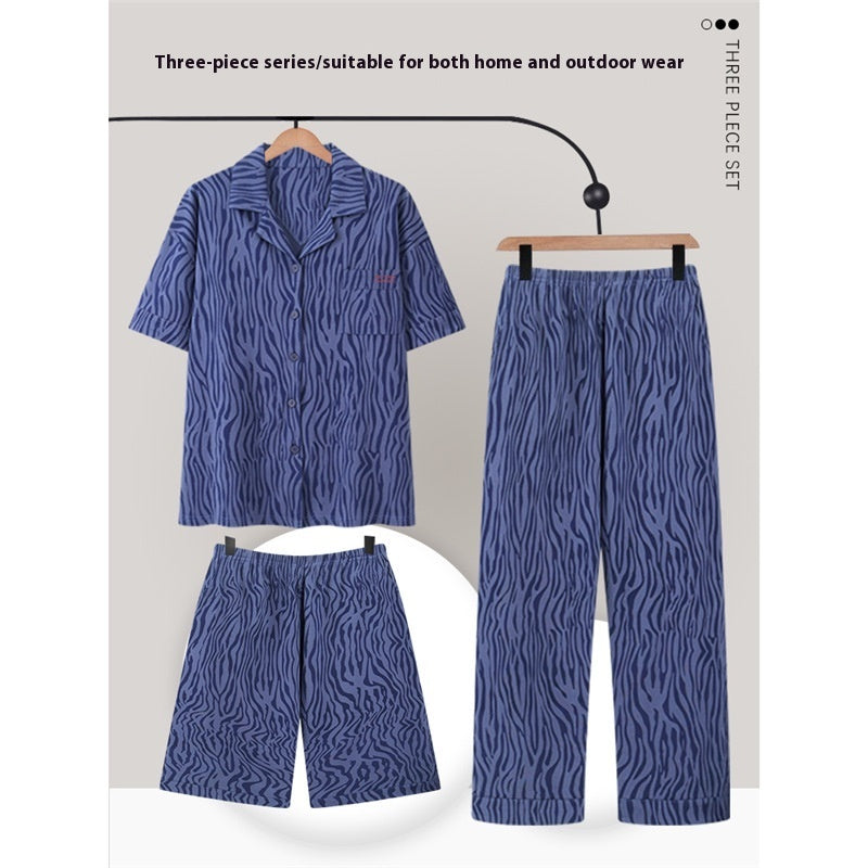 Men's Pajamas Cotton Short Sleeve Trousers Three-piece Set