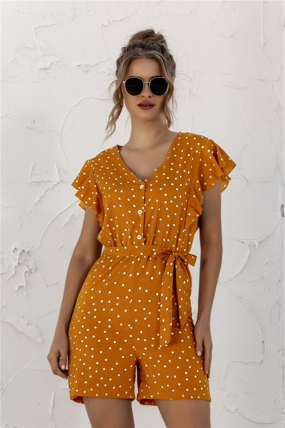 Ruffled Polka Dot Half Button Romper by Lady Ros