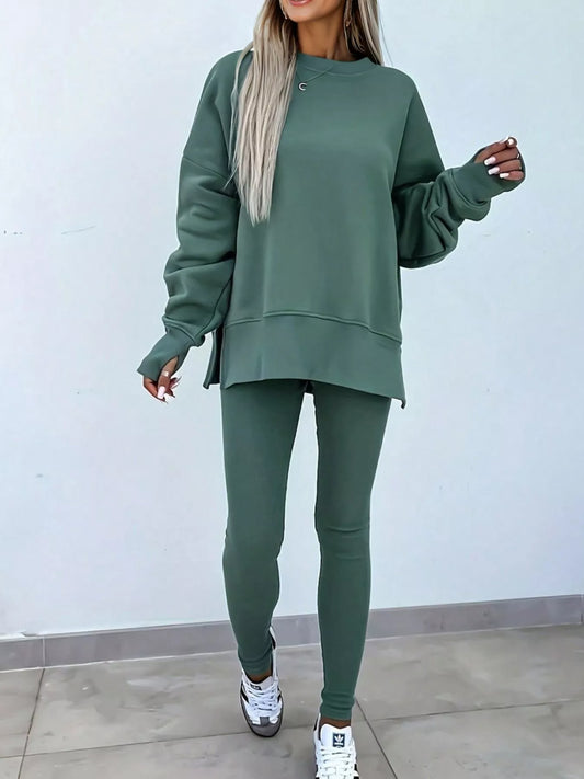 Oversized Slit Sweatshirt and Ribbed Leggings 2pcs Set