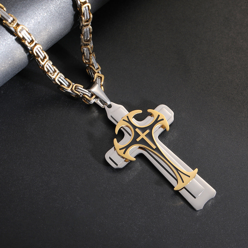 Christian Trinity Latin Cross Necklace For Men Stainless Steel Three Layers