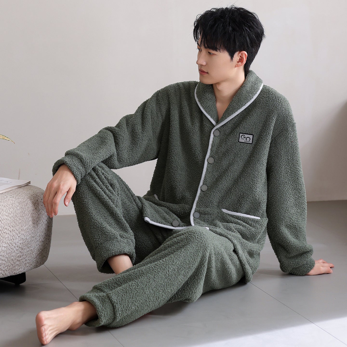 Men's Flannel Thick Warm Long Sleeves Fleece Pajama Set