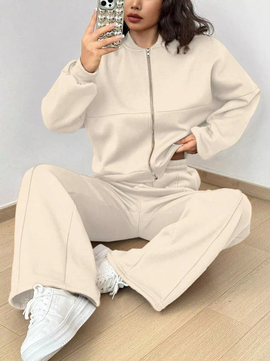 Casual Solid Color Zipper Jacket and Wide Leg Pants Set