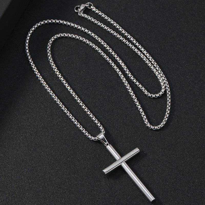 Round Large Beveled Cross Necklace Titanium Steel For Men