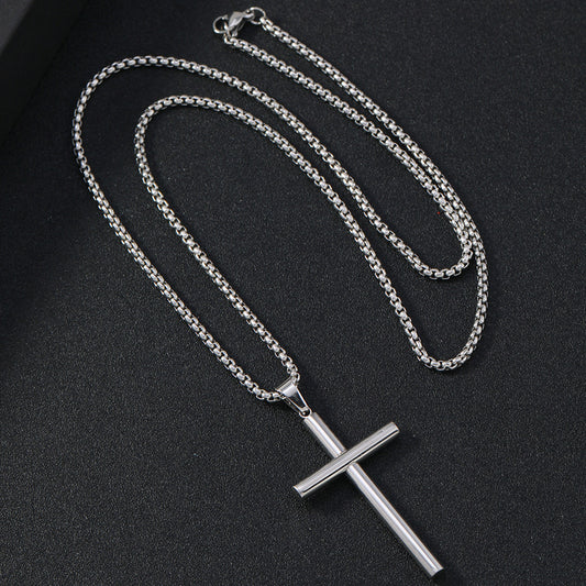 Round Large Beveled Cross Necklace Titanium Steel For Men
