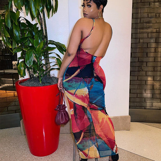 Women's Fashion Printed Sleeveless Hip Wrap Dress