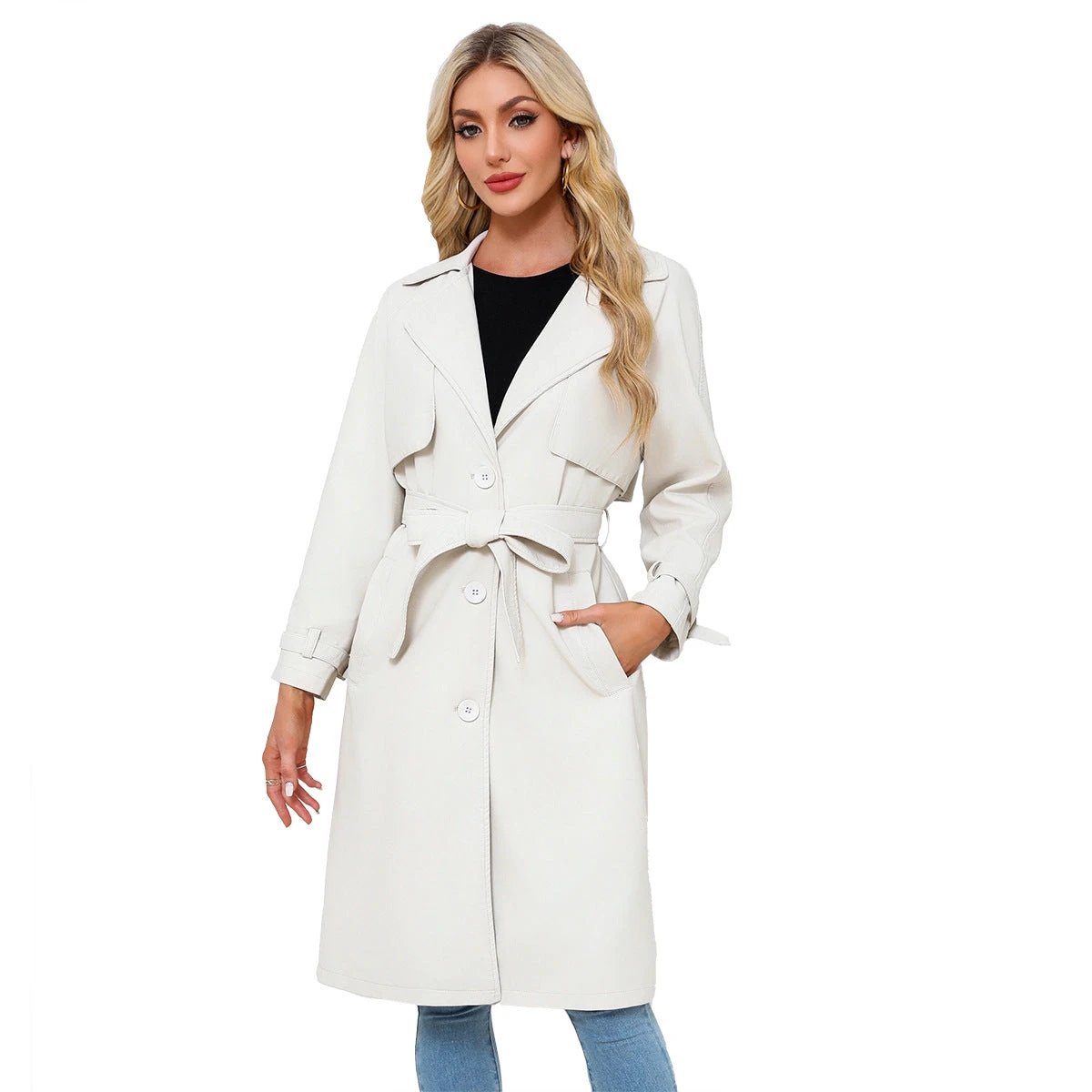 Women's Long, Loose-fit Classic Trench Coat With A Lapel And Belt by GJG Denim