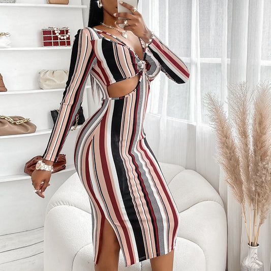 Women's Wrap Chest Striped Long Sleeve Dress