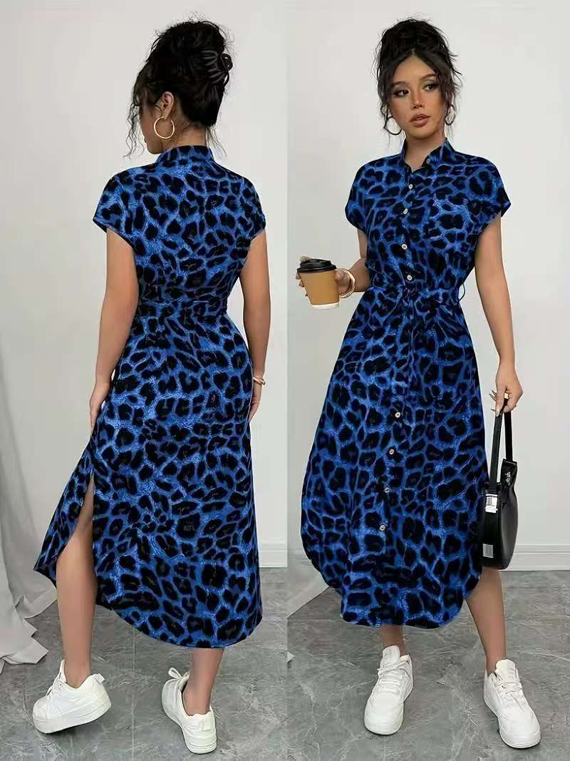 Leopard Print Front Button Shirt Belt Bow Shirt For Women