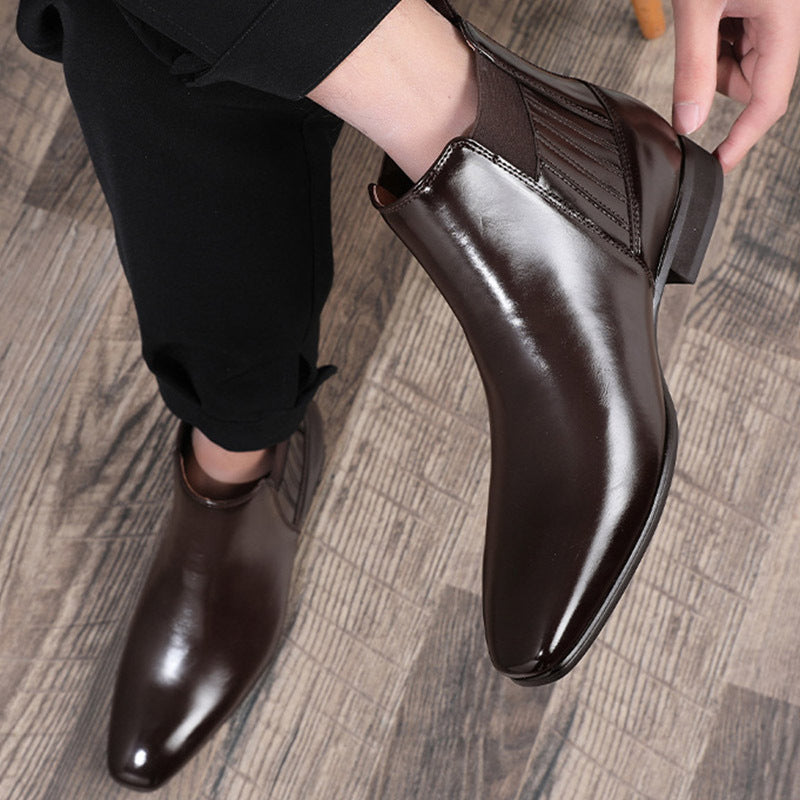 Men's Pointed Toe Chelsea-style Boots Square Heel Business Formal Leather Shoes