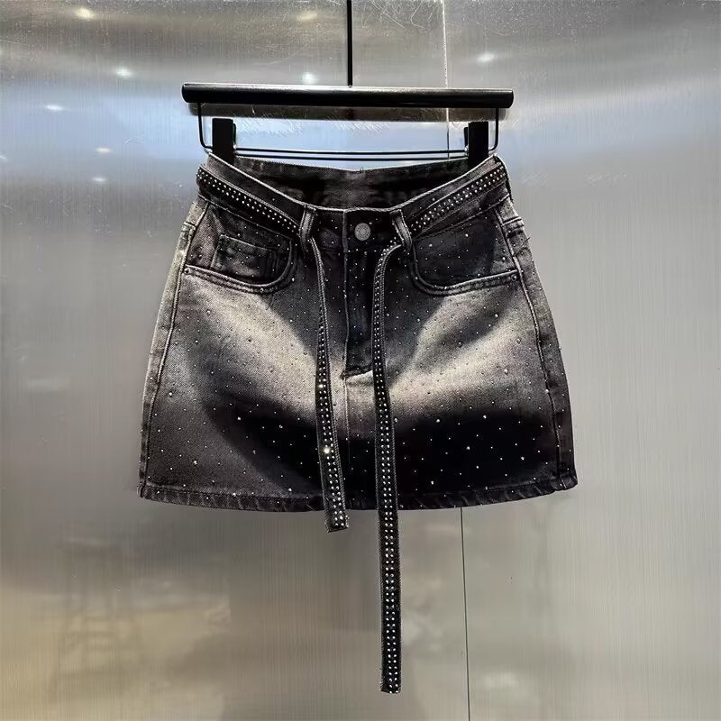 Summer New Rhinestone Five-point Denim Wide Leg A- Line Skirt