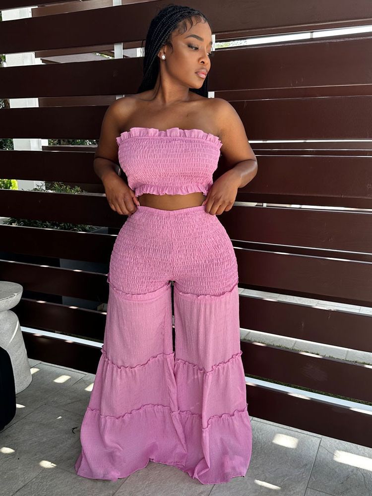 Smocking Stitching Strapless Top Pants Two-piece Suit
