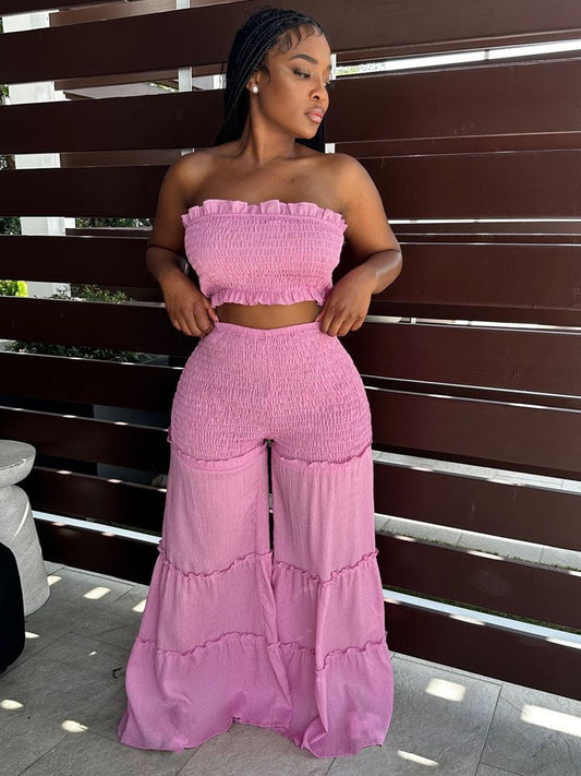 Smocking Stitching Strapless Top Pants Two-piece Suit