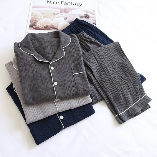 Men's Loose Double-layer Gauze Cotton Long Sleeve Pajamas