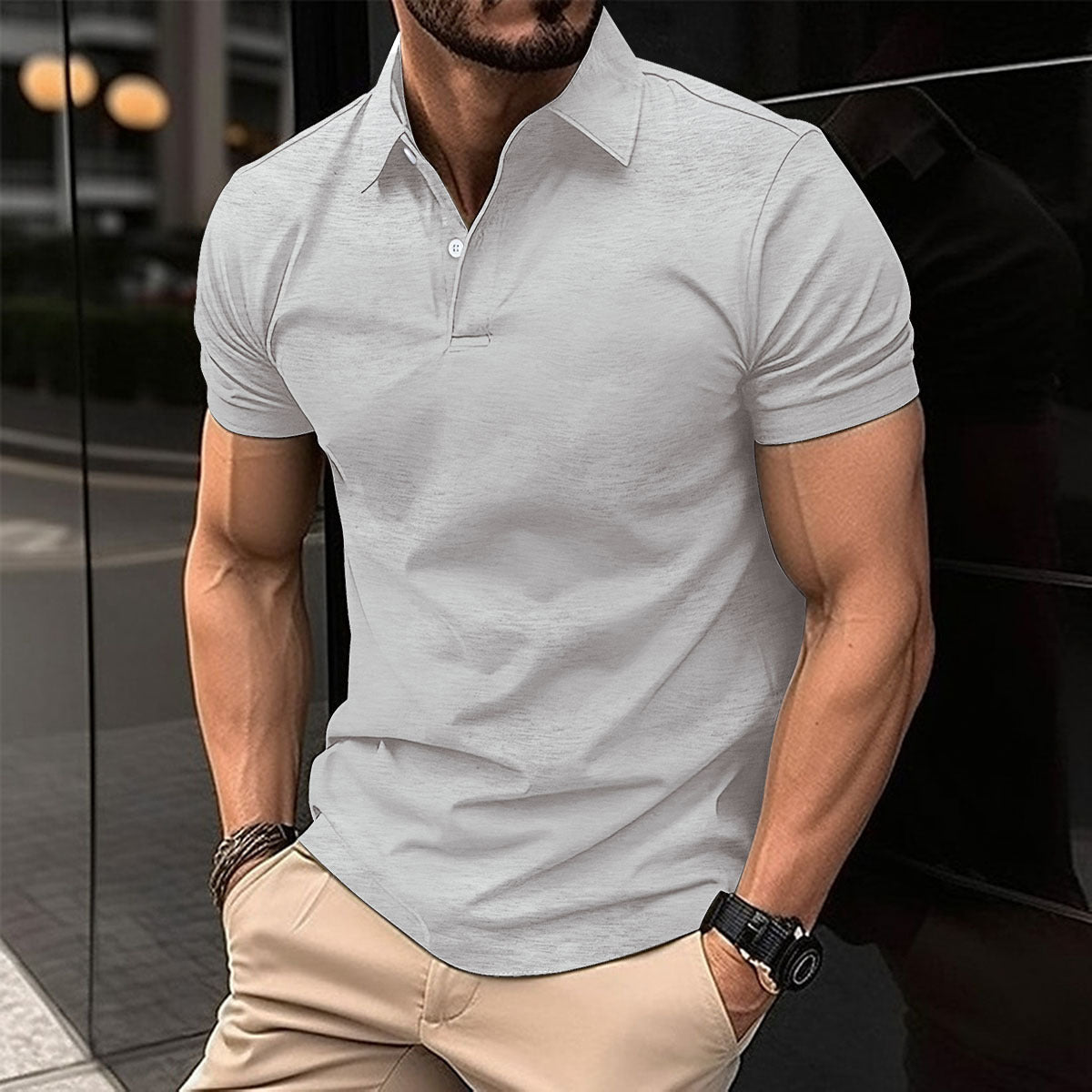 Short Sleeve Polo Shirt Men Solid Color Button Lapel Button Top