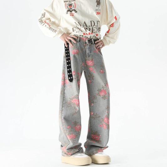 Men's Peony Jacquard Washed Loose Jeans