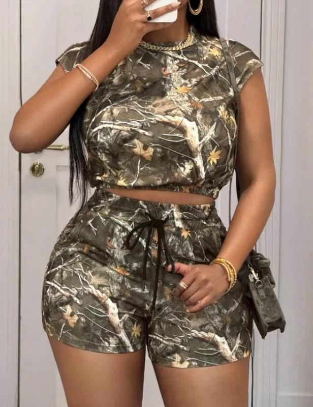 Women's Loose Casual Drawstring Branch Camouflage Printing Shorts by GJG Denim